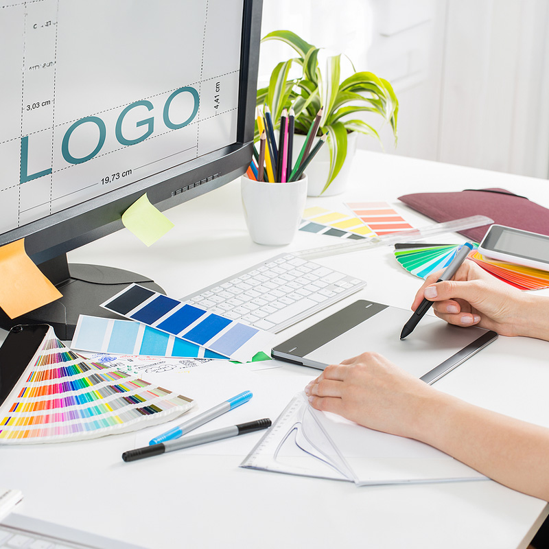 Brand identity materials arranged on a desk